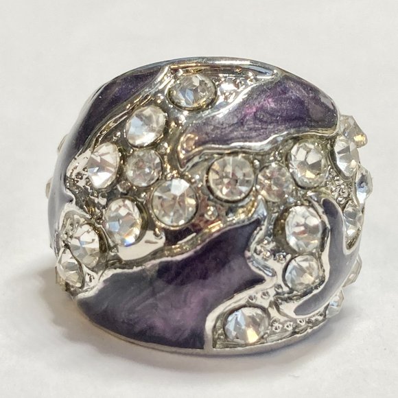 Vintage Purple Enamel Cocktail Ring Silver Plated Crystal Rhinestone Size 6 Boho - Picture 6 of 12